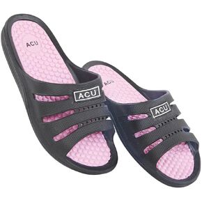 Massaging Comfort Slides, Waterproof Slip On Sandals, Womens, Size 10 Black/Pink