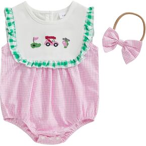 Baby Girl Golf Outfit Golf Embroidered Sleeveless Ruffle Romper Plaid Bodysuit Cute Newborn Baby Girl Summer Clothes
