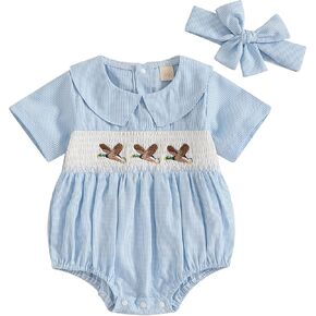 Gueuusu Duck Hunting Baby Girl Closey Mallard Duck Duclary Peter Pan Collar Short Sleeve Bubble Romper Throug Summer Woath