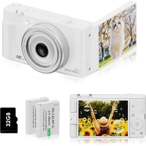 Digital Camera for Photography,64MP Autofocus Camara with 16X Zoom, 180° Flip Screen, Vlogging Cameras, Compact Travel Camera with 32GB Memory Card, 2 Batteries