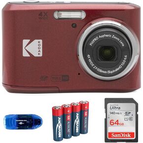 تشمل حزمة الكاميرا الرقمية Kodak Pixpro FZ45: بطاقة ذاكرة Sandisk 64GB SDXC وبطاريات احتياطية وقارئ البطاقات (4 عناصر) (أحمر)
