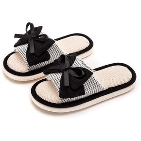 Women's Memory Foam Open Toe Slide Slippers with Cute Bow, Slip-on House Shoes, Summer Linen Slippers Indoor Outdoor