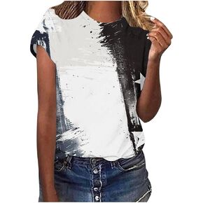 July 4th Shirts for Women American Flag Printed Short Sleeve Scrub Tees V Neck Loose Patriotic Blouse