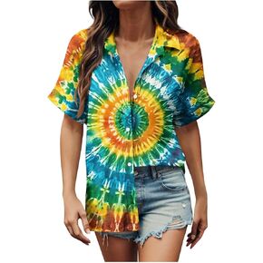 Oversized Blouse for Women Short Sleeve Summer Tops Plus Size Button Down Tie Dye Shirts Casual Loose Fit Tunic
