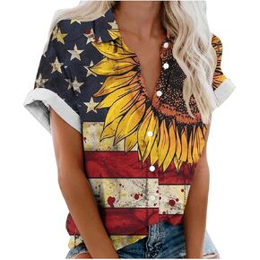 Womens 4th of July Shirts American Flag Floral Print Patriotic Blouses Loose V Neck Button Trendy Summer Tops