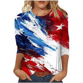 قمصان العلم الأمريكي للنساء 2025 4 يوليو 3/4 كم Tees الوطنية Crewneck فضفاضة الصيف قمم غير رسمية
