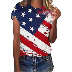 Womens Summer Tops 2025 Summer Short Sleeve Patriotic American Flag Tees Casual Crew Neck Loose Trendy Blouse