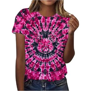 Short Sleeve Summer Tops for Women Plus Size Casual Dressy Tie Dye Tees Rainbow Loose Fit Shirts Trendy Blouse