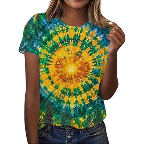Summer Tops for Women Plus Size Round Neck Blouse Casual Loose Short Sleeve Tie Dye Shirts Gradient Tshirts Tees