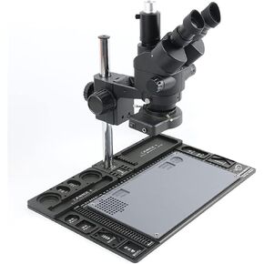 Industrial Digital Trinocular Stereo Microscope 7-45X Continuous Zoom, 23.2mm Port, 144-LED Ring Light, Aluminum Plate Stand, for Mobile Phone Motherboard & Repair Inspection