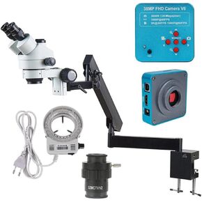 Industrial Digital Trinocular Stereo Microscope 3.5X-180X Zoom, Articulating Arm Stand, 38MP HDMI Video Camera, LED Ring Light, C-Mount for Ideal Electronics & Repairs