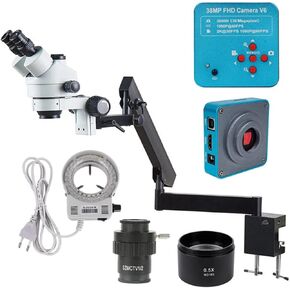 Industrial Trinocular Stereo Microscope 3.5X-180X Zoom, Articulating Arm Pillar Clamp + 38MP HDMI Video Camera for PCB Soldering, Electronics Repair, and Outdoor Use