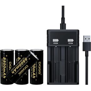 4 Pack 26650 Rechargeable Battery with Charger 3.7V 8800mAh Large Capacity for Flashlights Headlights Cameras(Flat Top)