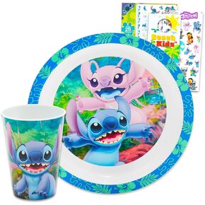 مجموعة أواني مدينات Disney Stitch للأطفال ، الأطفال الصغار - 3 أجهزة كمبيوتر حزمة ملحقات المطبخ مع لوحة عشاء غرزة ، كوب ، ملصقات ، المزيد | مجموعة أدوات المسطحات ليلو وغرزة