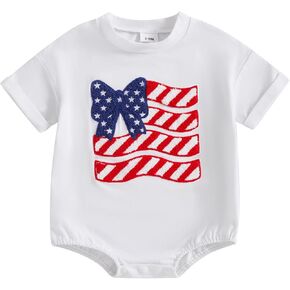 Newborn Baby Girls 4th of July Outfits USA Flag Embroidery Short Sleeve Bubble Romper Jumpsuit Bodysuit Clothes