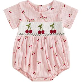 TINXIEA Newborn Baby Girl Summer Clothes Cherry Peter Pan Collar Short Sleeve Smocked Romper Bodysuit One Piece Outfits