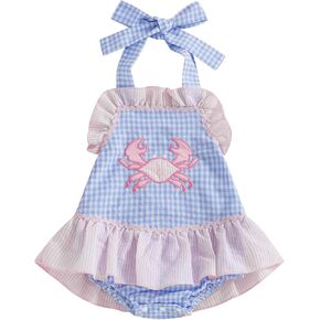 Baby Girl Outfit Sleeveless Halter Tie Up Crab Embroidered Plaid Stripe Bubble Romper Dress Summer Clothes One Piece