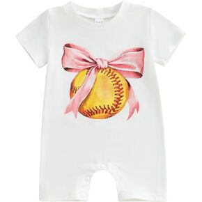 Infant Baby Girl Baseball Romper Shortalls Summer Clothes Newborn Coming Home Outfit Short Sleeve Bow Jumpsuit