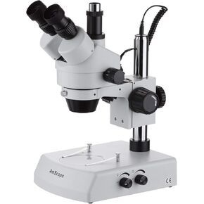 AmScope SM-2TYY Professional Trinocular Stereo Zoom Microscope, WH10x and WH20x Eyepieces, 7X-180X Magnification, 0.7X-4.5X Zoom Objective, Upper and Lower Halogen Lighting, Pillar Stand, 110V-120V, Includes 2.0X Barlow Lens