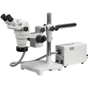 AmScope ZM-3BZ-FOR Professional Binocular Stereo Zoom Microscope, EW10x Eyepieces, 3.35X-90X Magnification, 0.67X-4.5X Zoom Objective, Fiber-Optic Ring Light, Single-Arm Boom Stand, 110V-120V, Includes 0.5x and 2.0x Barlow Lenses