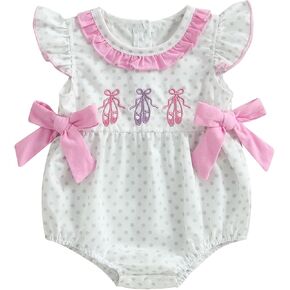Newborn Baby Girl Outfit Ballet Shoes Dot Print Flying Sleeve Bubble Romper Infant Bodysuit Cute Bow Clothes Summer