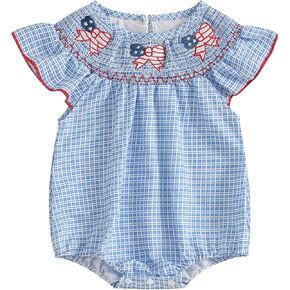 4th of July Baby Girl Outfits Plaid Print American Flag Romper Smocked Bodysuit Cute Newborn Fourth of July Outfit