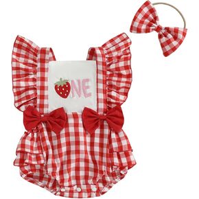 Infant Baby Girl Summer Outfit Strawberry One Embroidery Bubble Romper Plaid Square Neck Bodysuit Headband Clothes