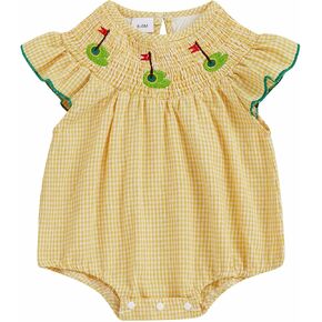 Newborn Baby Girl Golf Outfit Golf Cart Embroidery Sleeveless Ruffle Smocked Bubble Romper Infant Summer Jumpsuit