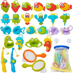 Bath Toy for Toddlers, 26PCS Water Table Bathtub Toy with Hook-Type Fishing Rod Net with Storage Bag, Mold Free Floating Fish Sea Animals Water Bath Pool Outdoor Toys for Kids Toddlers Baby