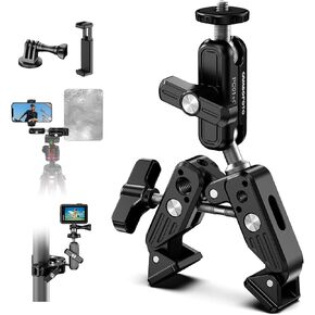 Super Clamp Camera Mount, 360° Dual Ballhead Magic Arm & Tripod Head, 1/4" & 3/8" Threads, for LED Lights/Cell Phone/DSLR Camera/Gopro/Ronin-M/MOVI/Insta360/Tripod/Fence Mount (Deep Black)