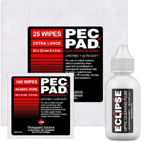 PEC-PAD Lint Free Wipes and Eclipse Optic Cleaning Solution - Non-Abrasive 9" x 9" and 4" x 4" Lens Wipes for Phone, Camera, Computer, and All Sensitive Glass - Cleaning Bundle - (59ml) 2oz