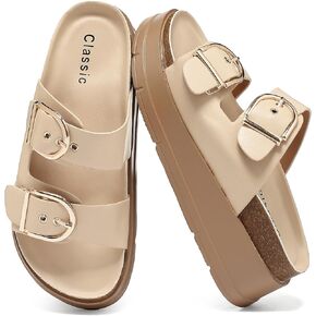 Womens Platform Sandals Cork Footbed with Comfort Double Buckles,Slip on Platform Slides Summer Beach Wide Widths Sandal Shoes