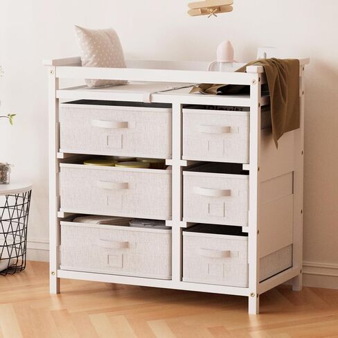 YUFU Changing Table, Nursery Dresser with 6 Storage Drawers, Safety Rails & Strap, Baby Diaper Changing Station, White in Kuwait