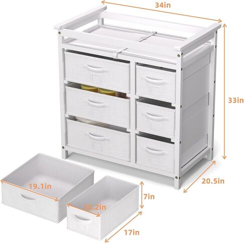 YUFU Changing Table, Nursery Dresser with 6 Storage Drawers, Safety Rails & Strap, Baby Diaper Changing Station, White in Kuwait