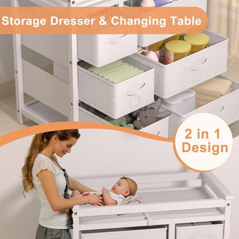 YUFU Changing Table, Nursery Dresser with 6 Storage Drawers, Safety Rails & Strap, Baby Diaper Changing Station, White in Kuwait