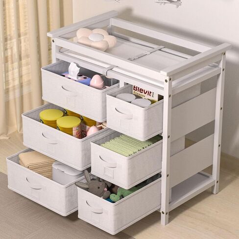 YUFU Changing Table, Nursery Dresser with 6 Storage Drawers, Safety Rails & Strap, Baby Diaper Changing Station, White in Kuwait
