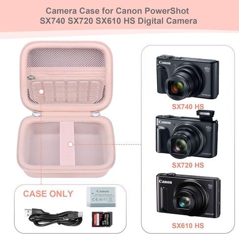 حمل علبة للكنسون PowerShot SX740/ SX730/ SX720/ SX710/ SX610/ SX260/ ELPH 360 HS الكاميرا الرقمية ، كيس هاتول سفر الكاميرا ، جيب الشبكة للبطارية ، بطاقات SD ، كابل USB ، وردي in Kuwait