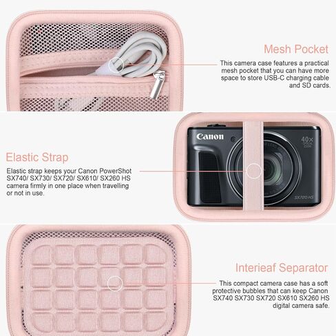 حمل علبة للكنسون PowerShot SX740/ SX730/ SX720/ SX710/ SX610/ SX260/ ELPH 360 HS الكاميرا الرقمية ، كيس هاتول سفر الكاميرا ، جيب الشبكة للبطارية ، بطاقات SD ، كابل USB ، وردي in Kuwait