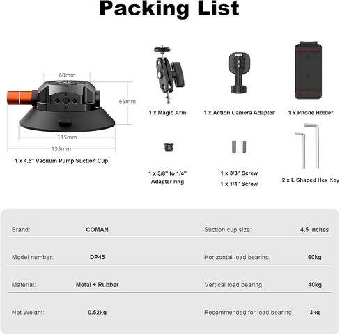 Coman 4.5 '' Cup Cup Camera Mount مع ذراع رأس الكرة السحرية ، وشفط الكاميرا المعدنية لكاميرات العمل iPhone ، وسرعان in Kuwait