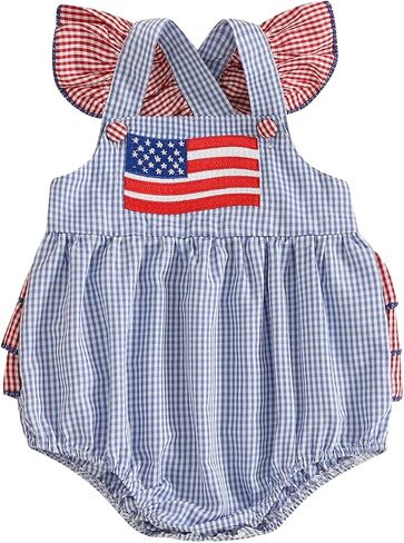 Baby Girl 4th Of July Outfit Flag Bow Embroidery Fly Sleeve Ruffled Overalls Romper Headband One Piece Bodysuit in Kuwait