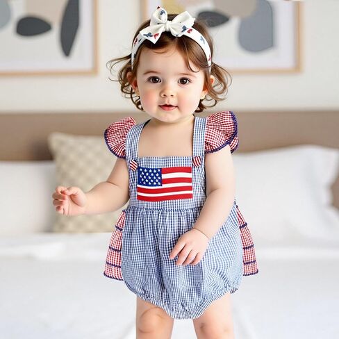 Baby Girl 4th Of July Outfit Flag Bow Embroidery Fly Sleeve Ruffled Overalls Romper Headband One Piece Bodysuit in Kuwait