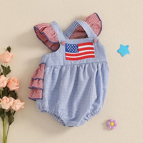 Baby Girl 4th Of July Outfit Flag Bow Embroidery Fly Sleeve Ruffled Overalls Romper Headband One Piece Bodysuit in Kuwait