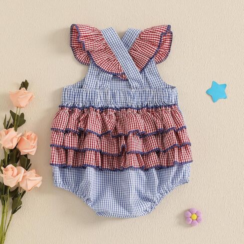 Baby Girl 4th Of July Outfit Flag Bow Embroidery Fly Sleeve Ruffled Overalls Romper Headband One Piece Bodysuit in Kuwait