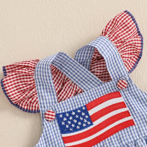 Baby Girl 4th Of July Outfit Flag Bow Embroidery Fly Sleeve Ruffled Overalls Romper Headband One Piece Bodysuit in Kuwait