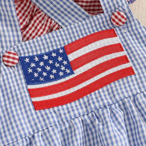 Baby Girl 4th Of July Outfit Flag Bow Embroidery Fly Sleeve Ruffled Overalls Romper Headband One Piece Bodysuit in Kuwait
