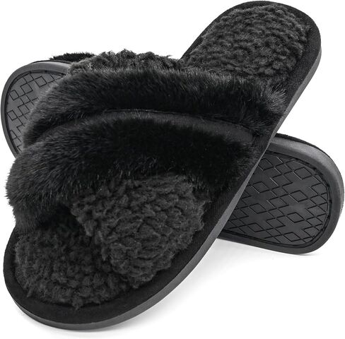 Onmygogo Fuzzy Cross Band Indoor Slippers for Women, Open Toe Slippers with Memory Foam and Soft Nonslip Sole in Saudi Arabia