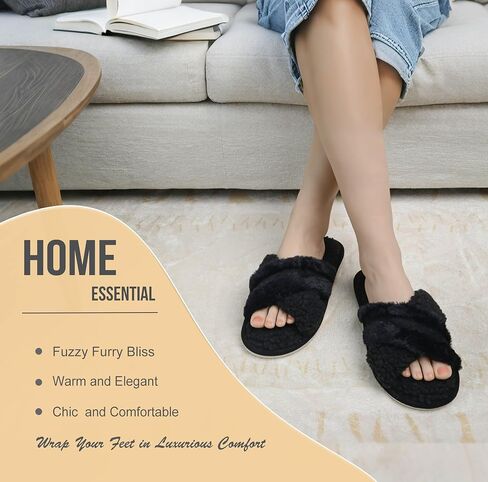 Onmygogo Fuzzy Cross Band Indoor Slippers for Women, Open Toe Slippers with Memory Foam and Soft Nonslip Sole in Saudi Arabia