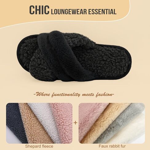 Onmygogo Fuzzy Cross Band Indoor Slippers for Women, Open Toe Slippers with Memory Foam and Soft Nonslip Sole in Saudi Arabia
