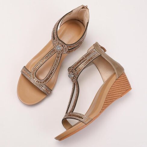 صندل إسفين للنساء الصيف المفتوح اصبع القدم فستان أزياء أحذية سباركلي راينستون منصة حزام الكاحل غير الرسمي للمشي in Kuwait