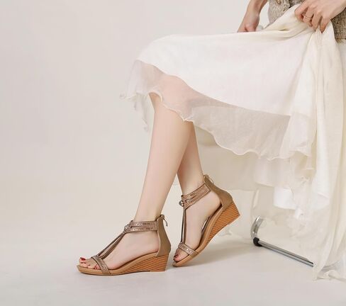 صندل إسفين للنساء الصيف المفتوح اصبع القدم فستان أزياء أحذية سباركلي راينستون منصة حزام الكاحل غير الرسمي للمشي in Kuwait